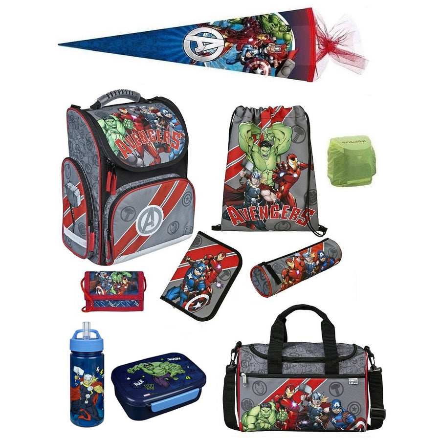 Avengers Schulranzen für Jungen in blau und rot mit Thor Hulk Captain America und Iron Man Frontansicht