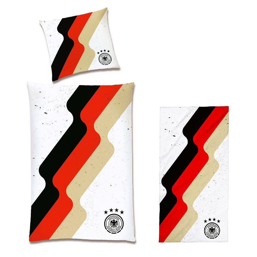 DFB Bettwäsche Set 3-teilig in weiß mit Deutschlandfarben quer gestreift