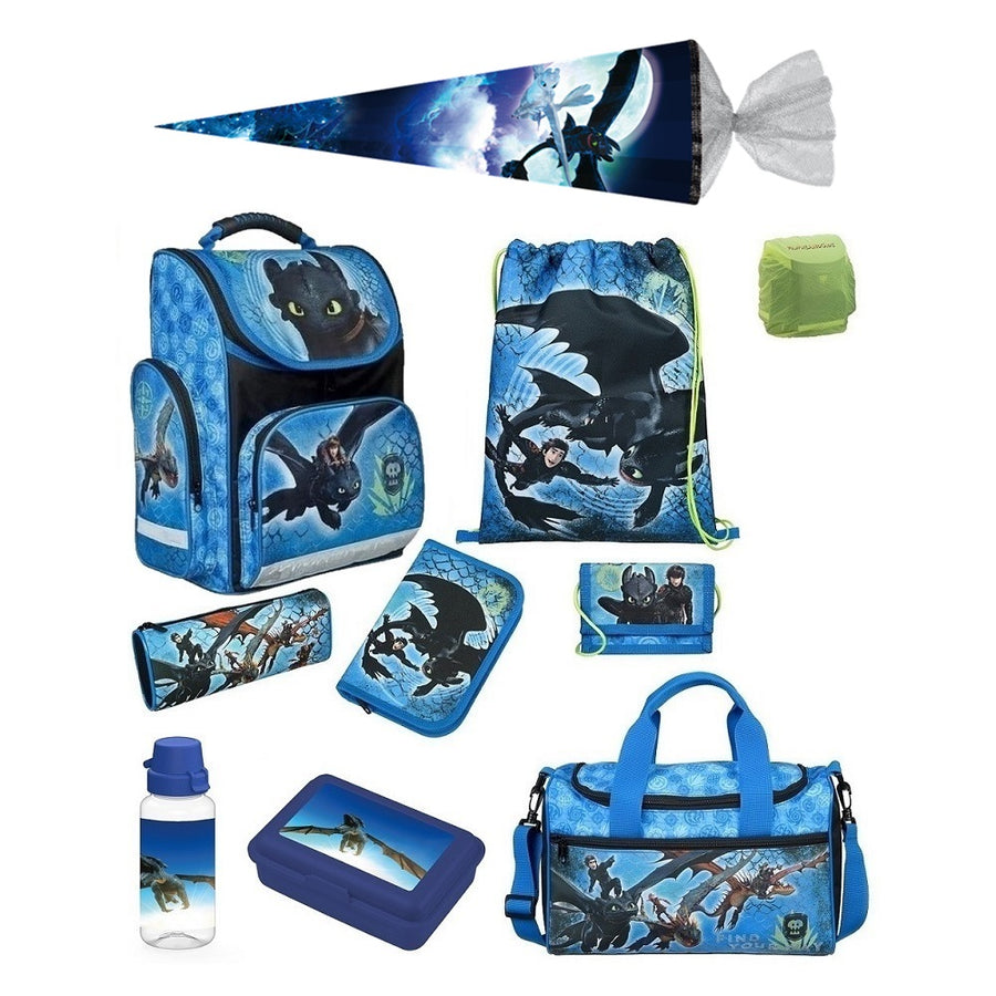 Schulranzen Set Blau mit Dragons Drache Ohnezahn mit Zubehör Federmappe, Schlamperrolle, Turn- & Geldbeutel, Dose, Flasche, Regenschutz, Sporttasche und Schultüte 85m