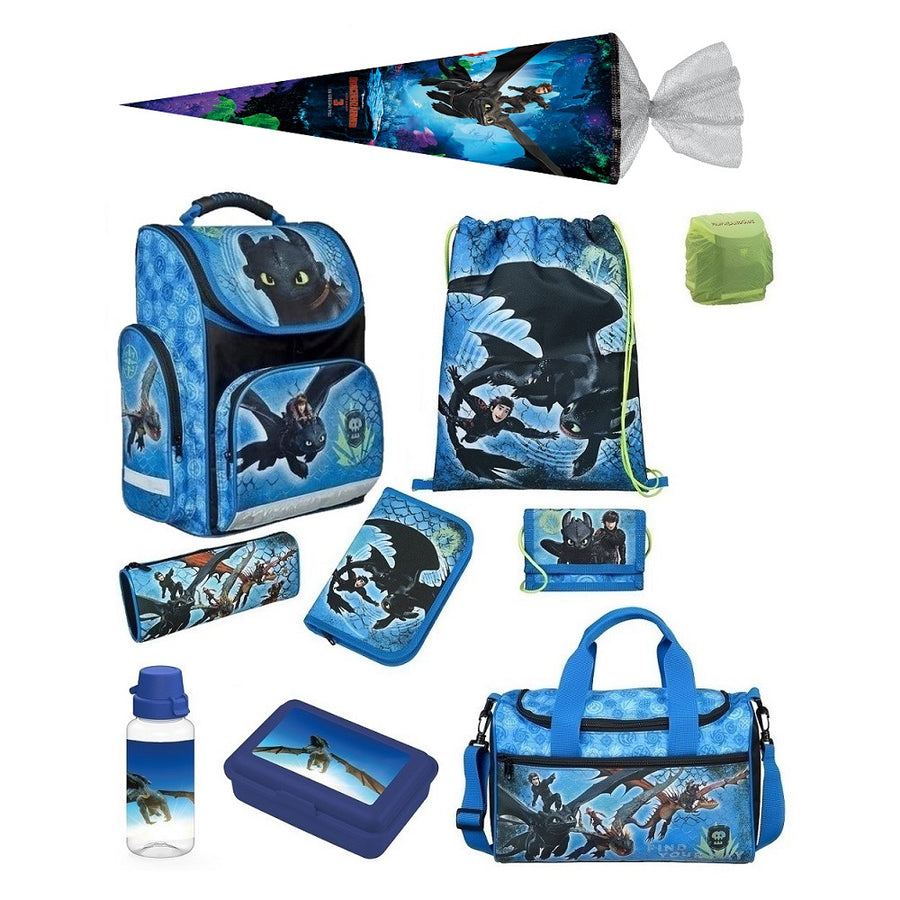 Schulranzen Set Blau mit Dragons Drache Ohnezahn mit Zubehör Federmappe, Schlamperrolle, Turn- & Geldbeutel, Dose, Flasche, Regenschutz, Sporttasche und Schultüte 85m