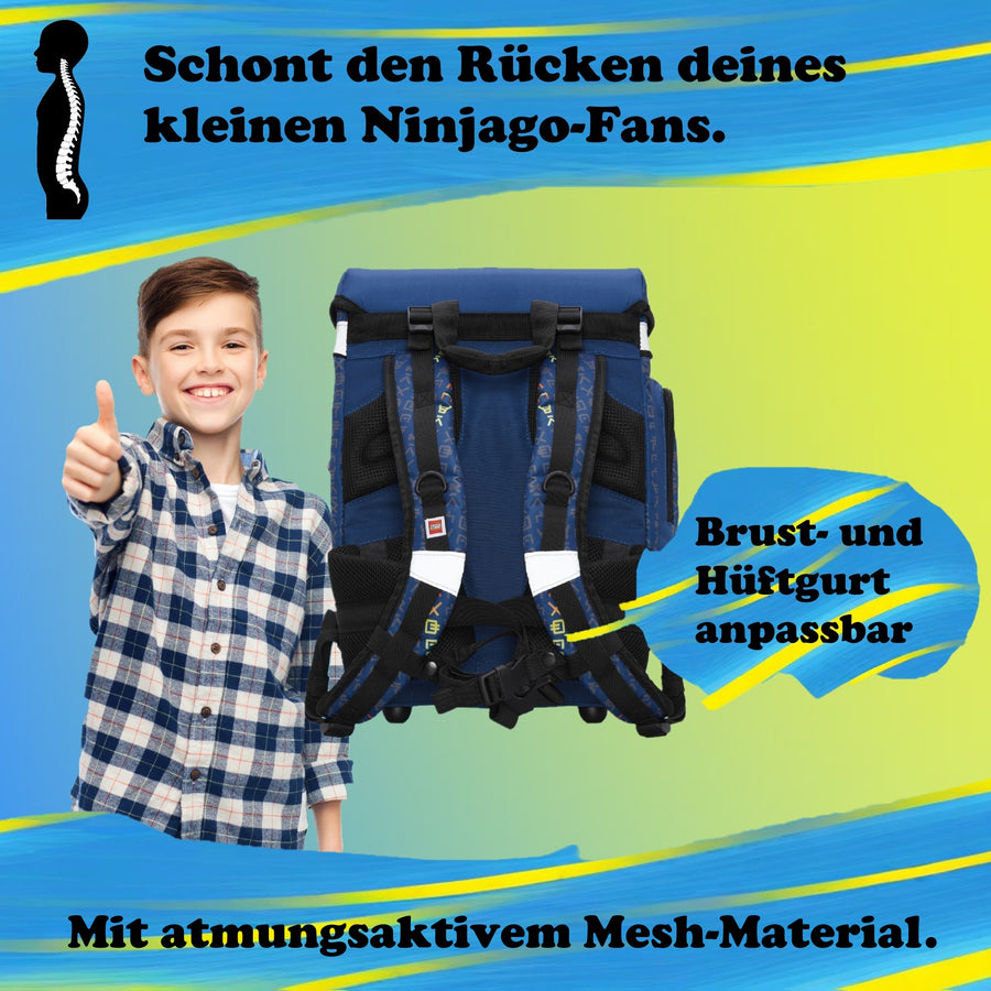 Infotafel zur Ergonomie des Ninjago Schulranzen mit Brust- & Schultergurten, sowie weichem Rückenbett