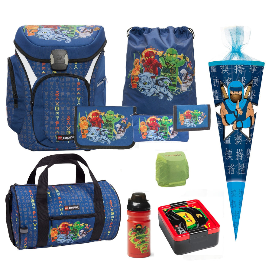 Lego Ninjago Schulranzen Set mit Federmappe, Brotdose, Trinkflasche, Sporttasche und Ninja Schultüte / Zuckertüte