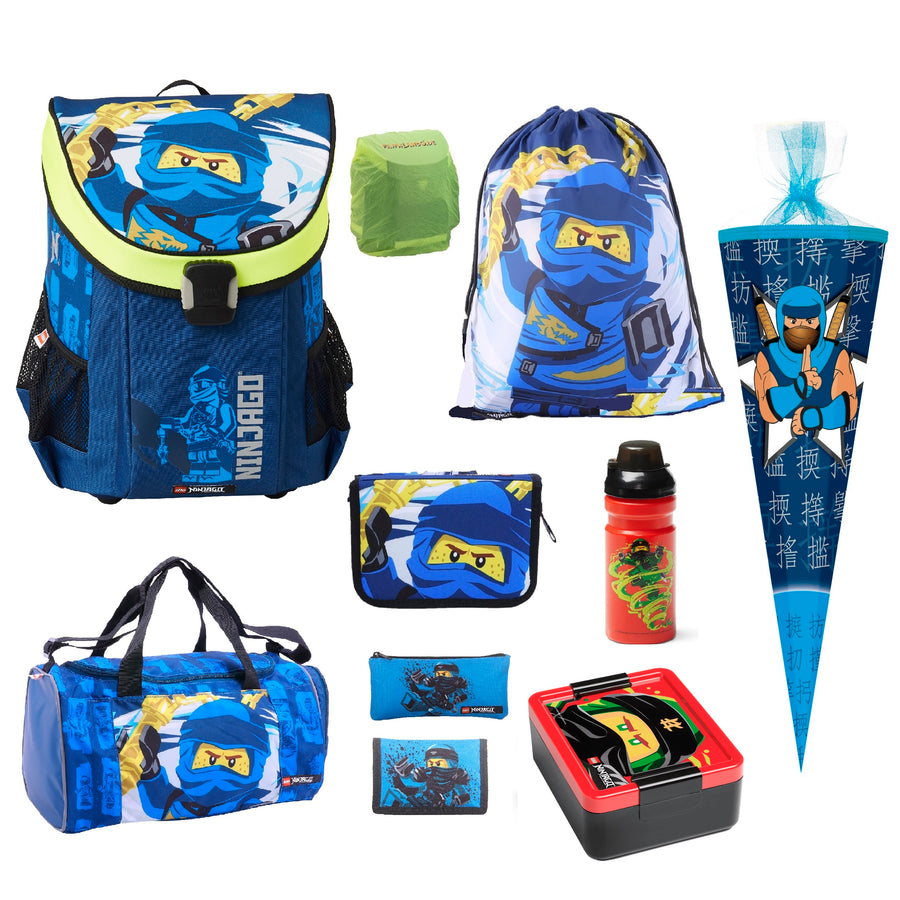 Blauer Lego Ninjago Schulranzen mit Jay im 10 teiligen Set mit Federmappe, Turn- & Geldbeutel, Schlamperrolle, Dose, Falsche, Regenschutz, Sporttasche und Schultüte 85 cm