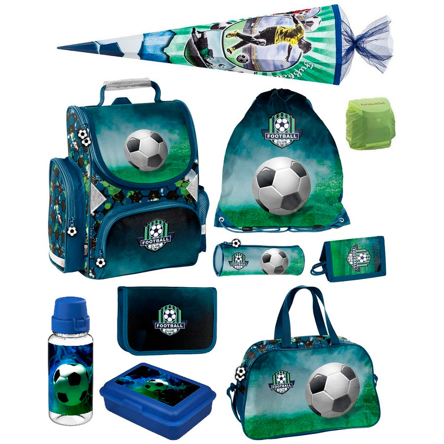 Fußball Schulranzen Set 10-teilig in blau grün mit viel Zubehör