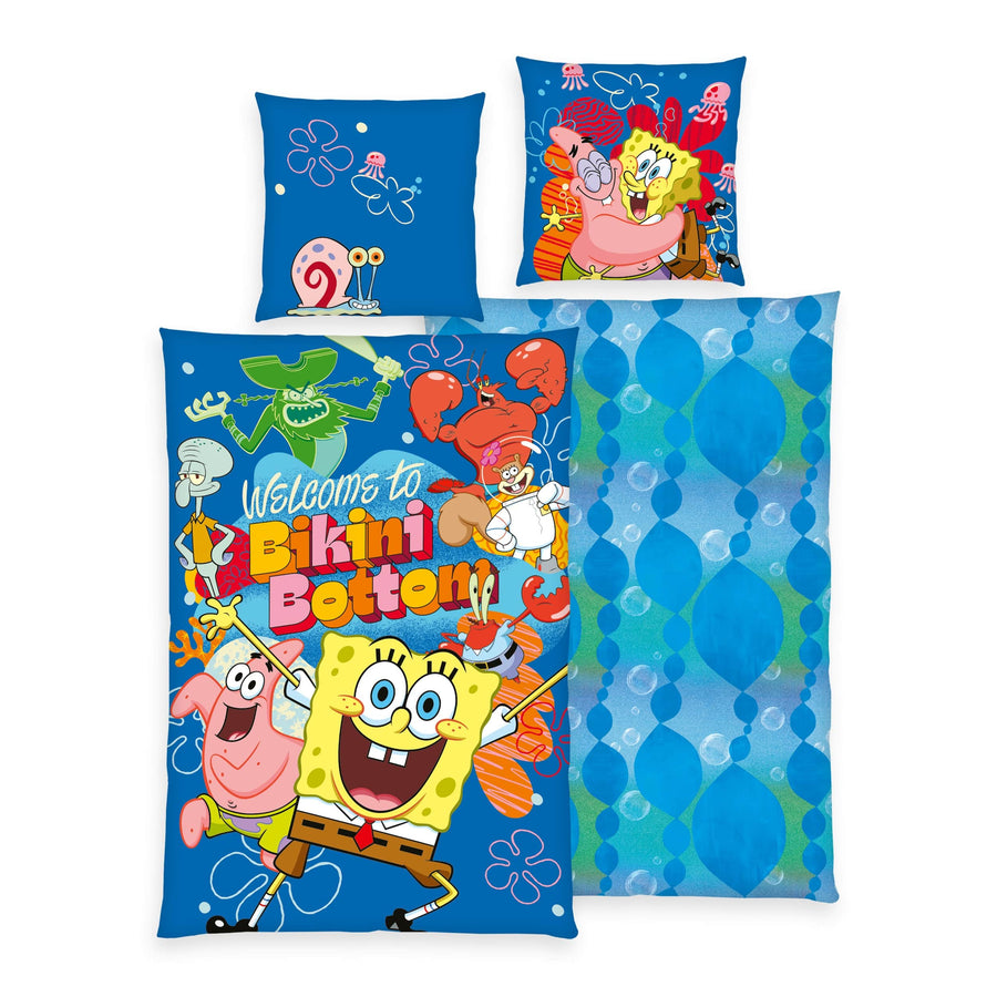 Spongebob Bettwäsche Set 2-teilig blau mit buntem Motiv auf der Vorder- und ruhigem Muster auf der Rückseite