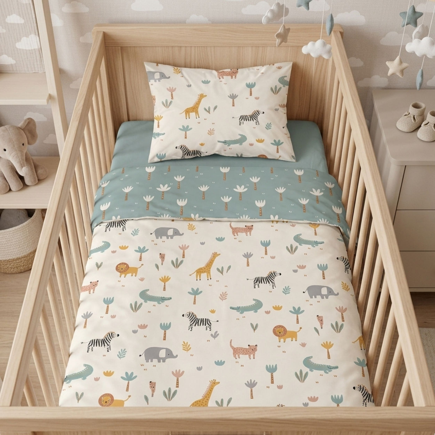 Kinderbettwäsche mit Tieren aus Afrika in weiß-blauem Design mit Wendeseite