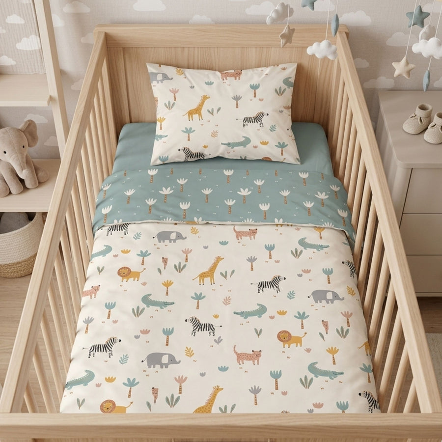 Kinderbettwäsche mit Tieren aus Afrika in weiß-blauem Design mit Wendeseite