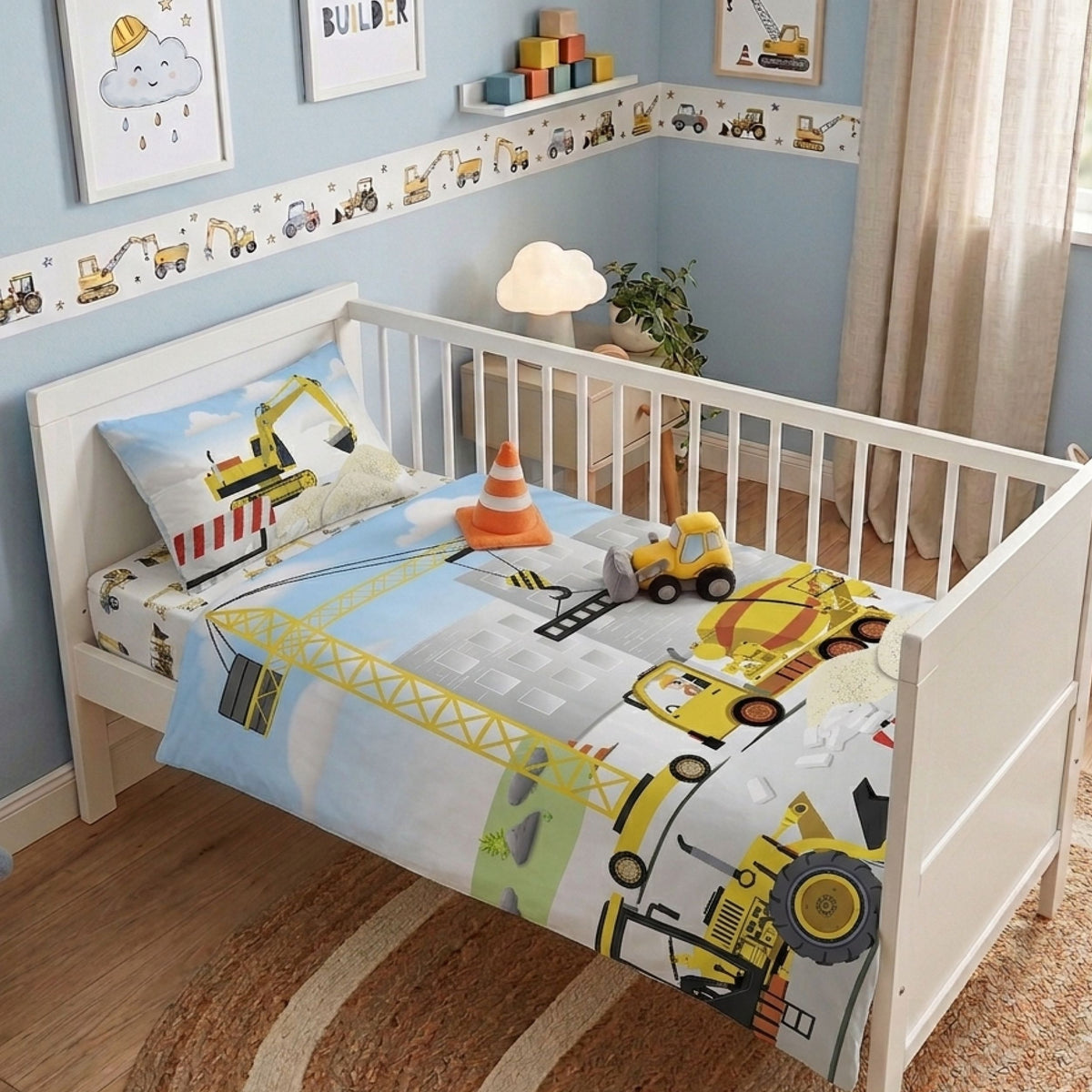 Baby Bettwäsche Set Baustelle 2-teilig - 100x135 40x60 cm aus 100% Baumwolle mit Kran Bagger & Betonmischer