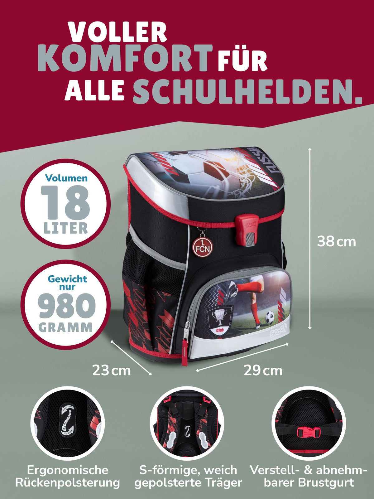 Ansicht Schulranzen Frontal mit Infos zu Volumen 18 Liter, Gewicht 980 Gramm und Ergonomie (Polster, Brustgurt)