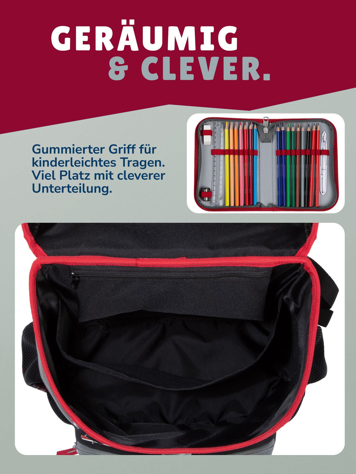 Innenansicht Schulranzen mit schwarzem Futter und Organizer Unterteilung