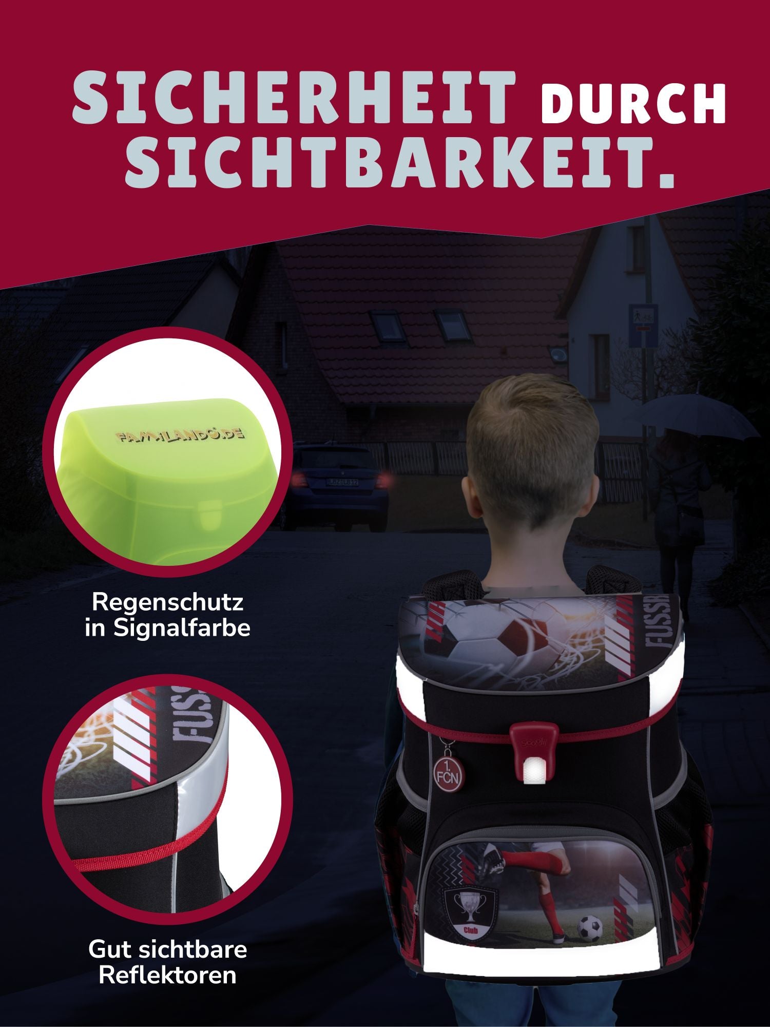 Junge läuft auf dunkler Straße mit Schulranzen - Reflektoren sind gut sichtbar
