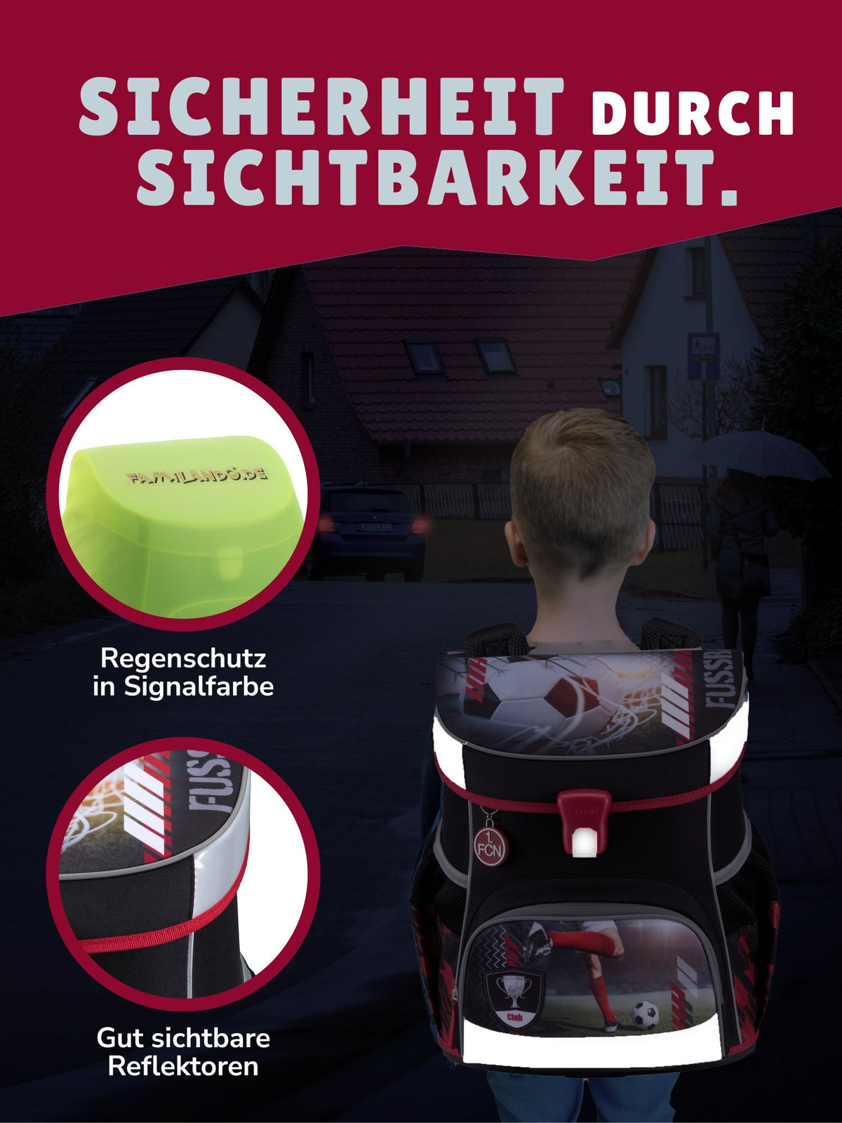 Junge läuft auf dunkler Straße mit Schulranzen - Reflektoren sind gut sichtbar