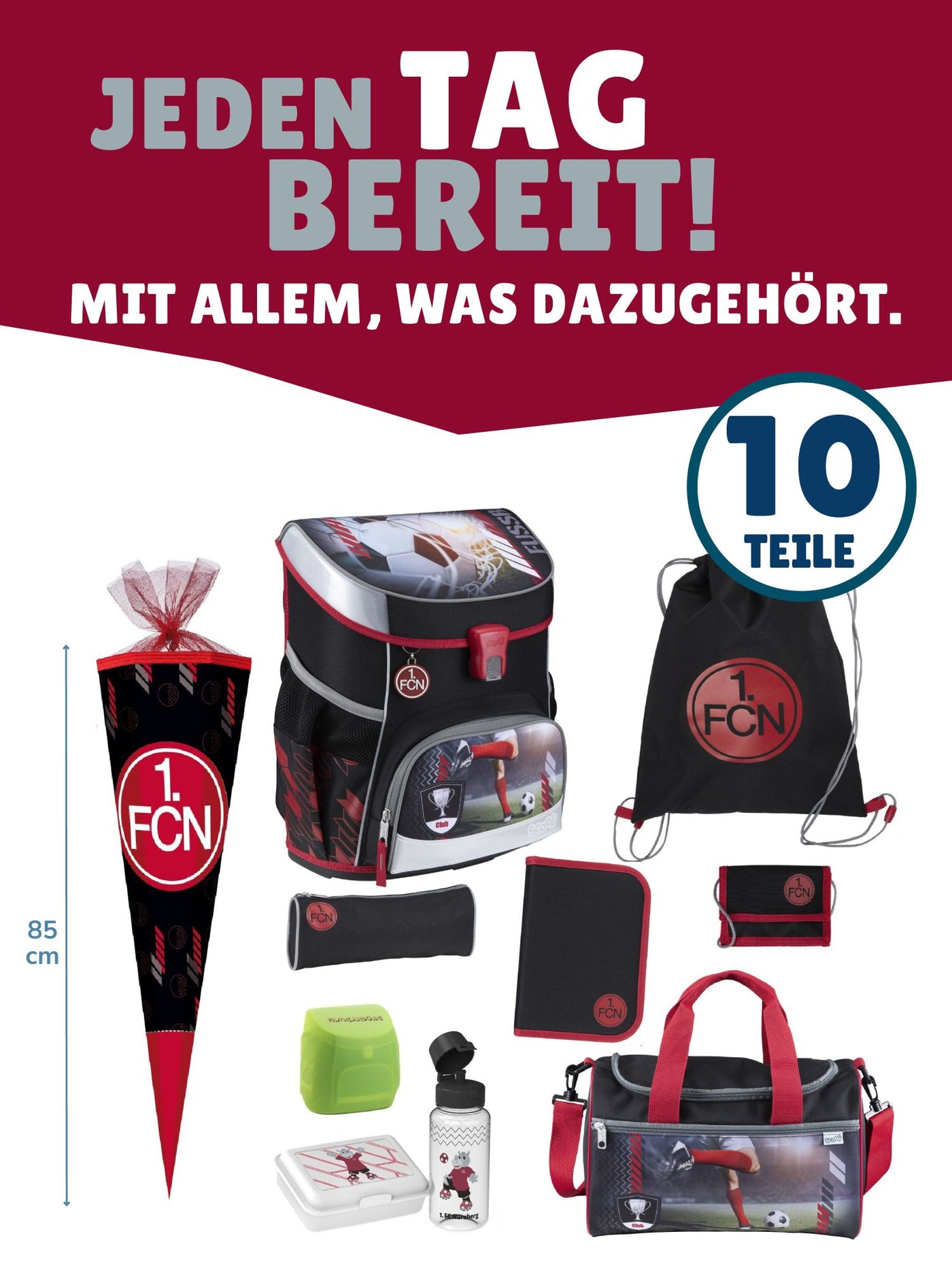 Scooli Campus Fit Schulranzen Set Fußball, FCN schwarz - 1. FC Nürnberg Schultasche ab 1. Klasse