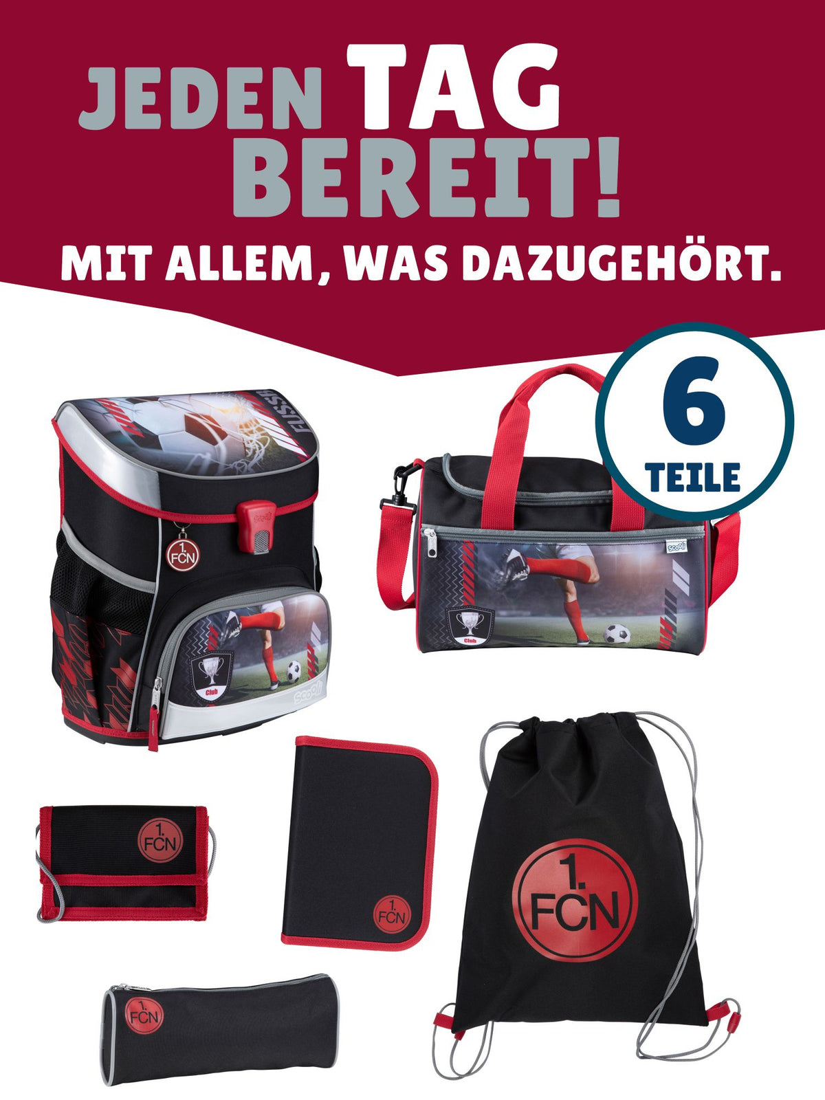 Scooli Campus Fit Schulranzen Set Fußball, FCN schwarz - 1. FC Nürnberg Schultasche ab 1. Klasse