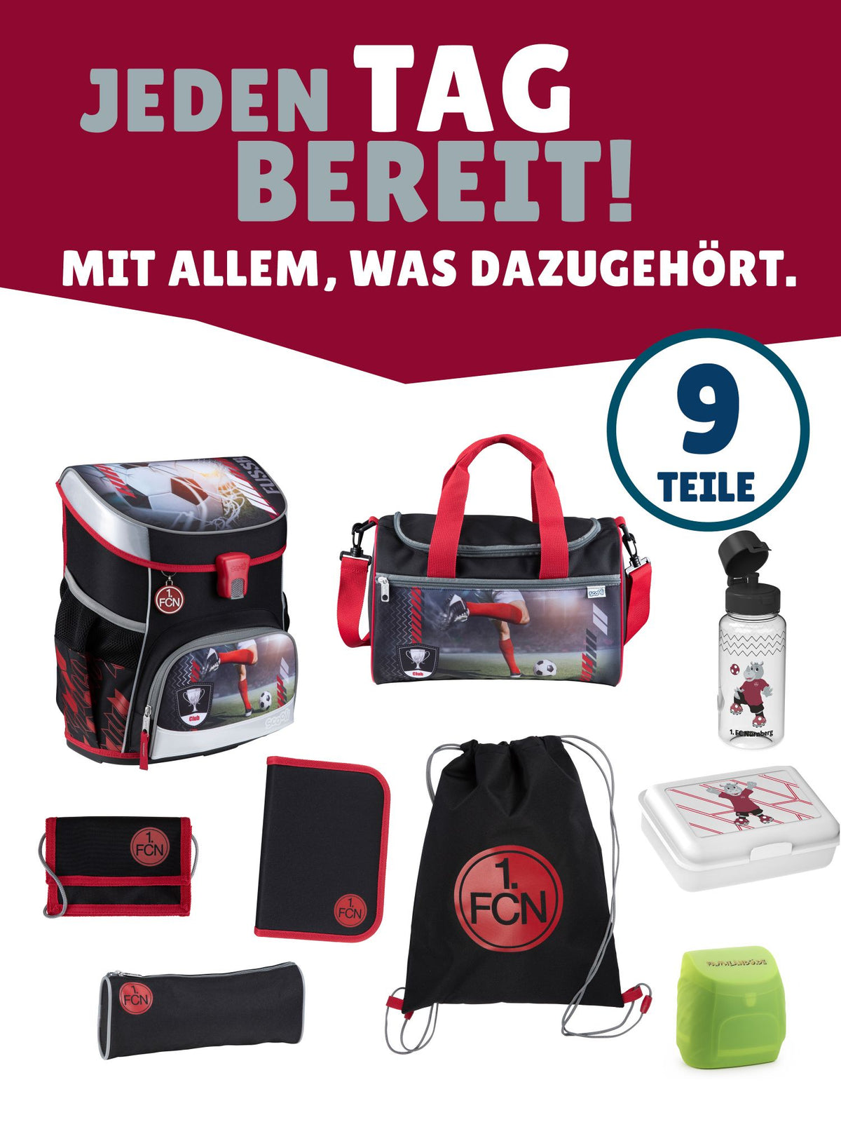 Scooli Campus Fit Schulranzen Set Fußball, FCN schwarz - 1. FC Nürnberg Schultasche ab 1. Klasse