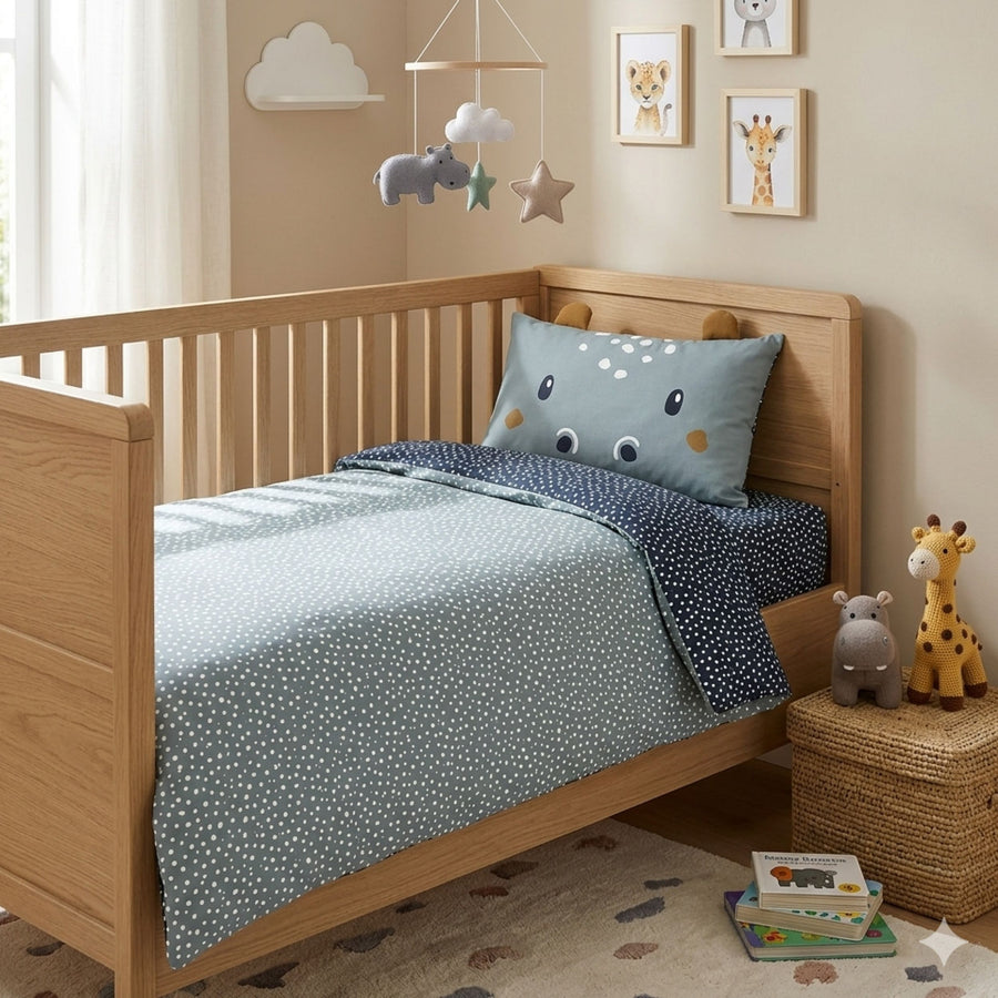 Kinderbettwäsche lustiges Nilfpferd in blau mit Motiv auf Kopfkissen und Ohren am Kopfkissen auf Babybett gezogen