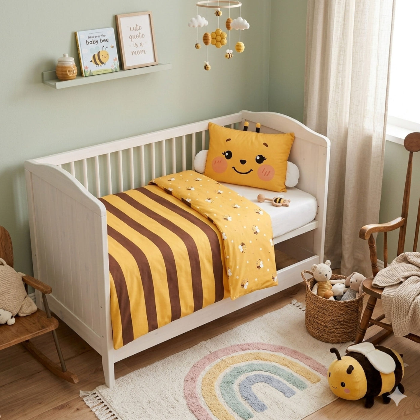 Kinderbettwäsche lustige Biene Hummel in gelb mit Motiv auf Kopfkissen und Fühler Flügel am Kopfkissen auf Babybett gezogen