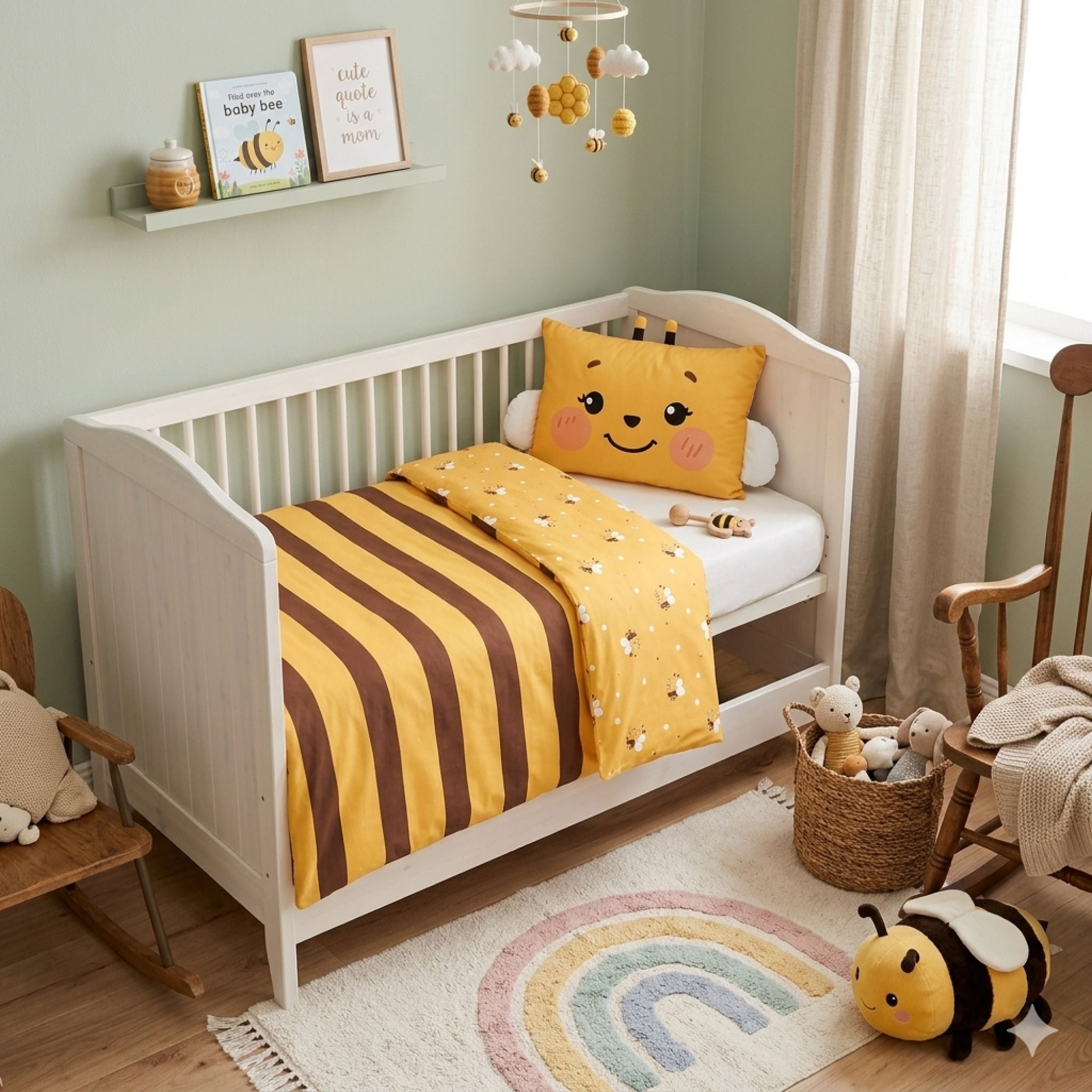 Kinderbettwäsche lustige Biene Hummel in gelb mit Motiv auf Kopfkissen und Fühler Flügel am Kopfkissen auf Babybett gezogen