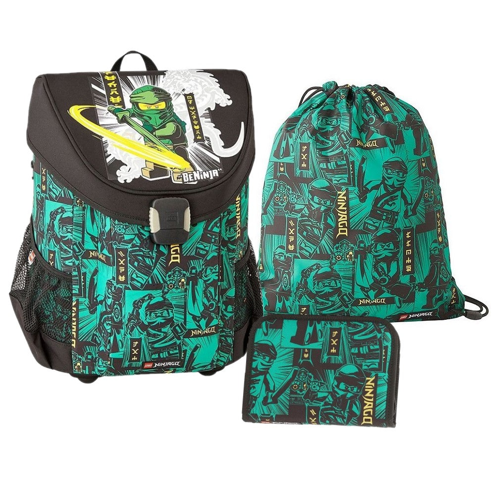 Grüner Lego Ninjago Schulranzen mit Lloyd Frontansicht mit Fronttasche und 2 Netztaschen seitlich