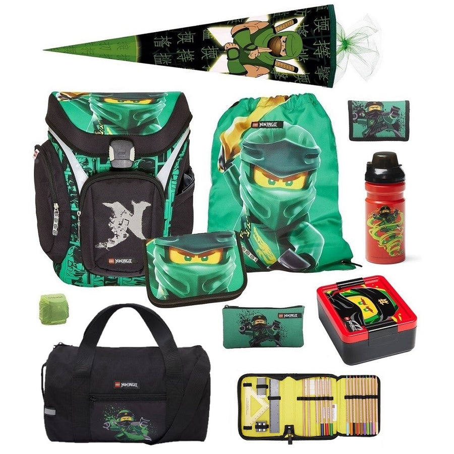 Lego Ninjago Schulranzen Set für Jungen mit Federmappe, Geld- und Turnbeutel, Schlamperrolle, Regenschutz, Dose, Flasche und Schultüte 85 cm