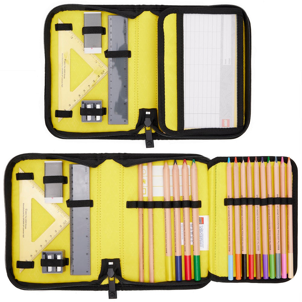 Federmappe gefüllt mit 16 Stiften, Geodreieck, Lineal, Spitzer und Radiergummi passend zum blauen Lego Ninjago Schulranzen