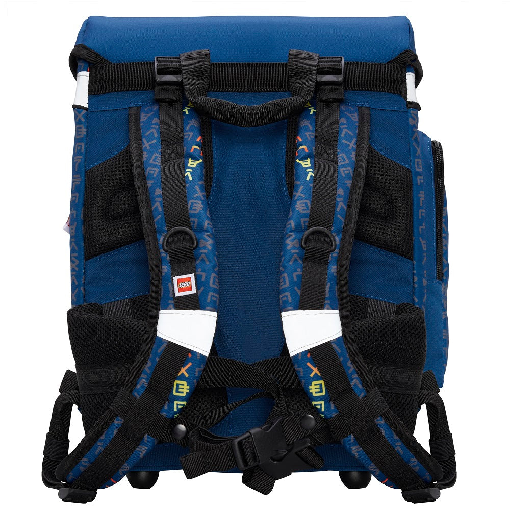 Blauer Lego Ninjago Schulranzen Rückansicht mit Schulterpolster und Lagerverstellriemen