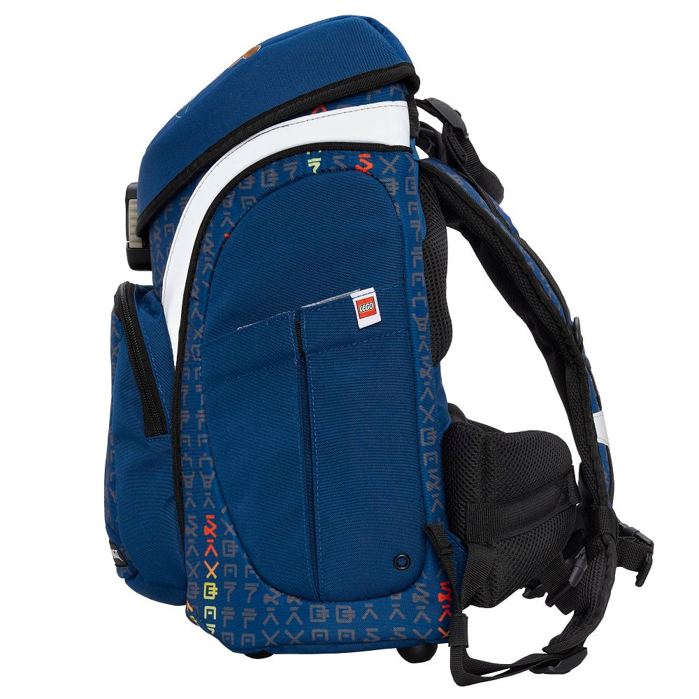 Blauer Lego Ninjago Schulranzen linke Seite mit Gummizugfach inkl. Ablauflöse
