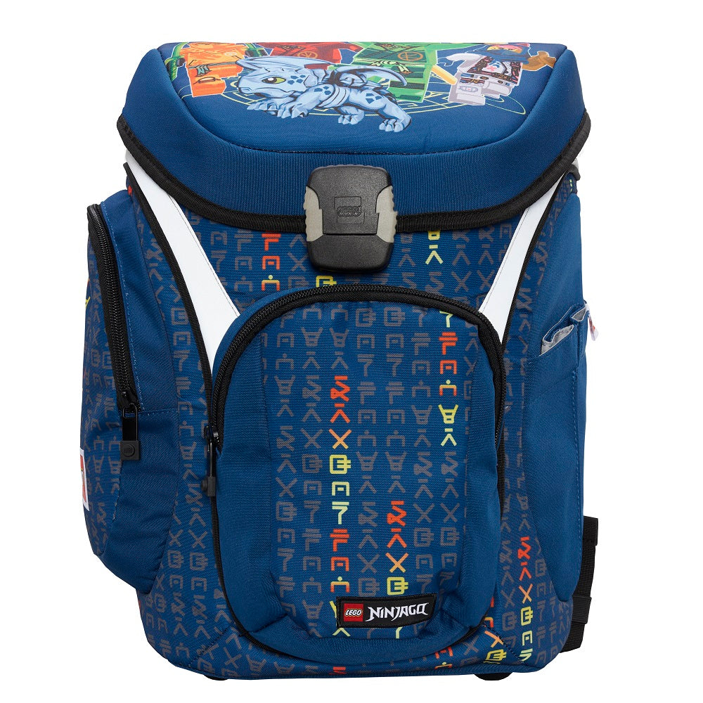 Blauer Lego Ninjago Schulranzen Frontansicht mit 3 Fächern