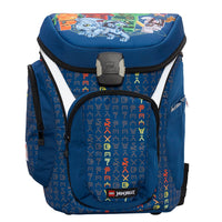 Blauer Lego Ninjago Schulranzen Frontansicht mit 3 Fächern