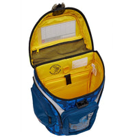 Blauer Lego Ninjago Schulranzen Innenansicht mit extra Laptop Fach und Netztasche im Deckel