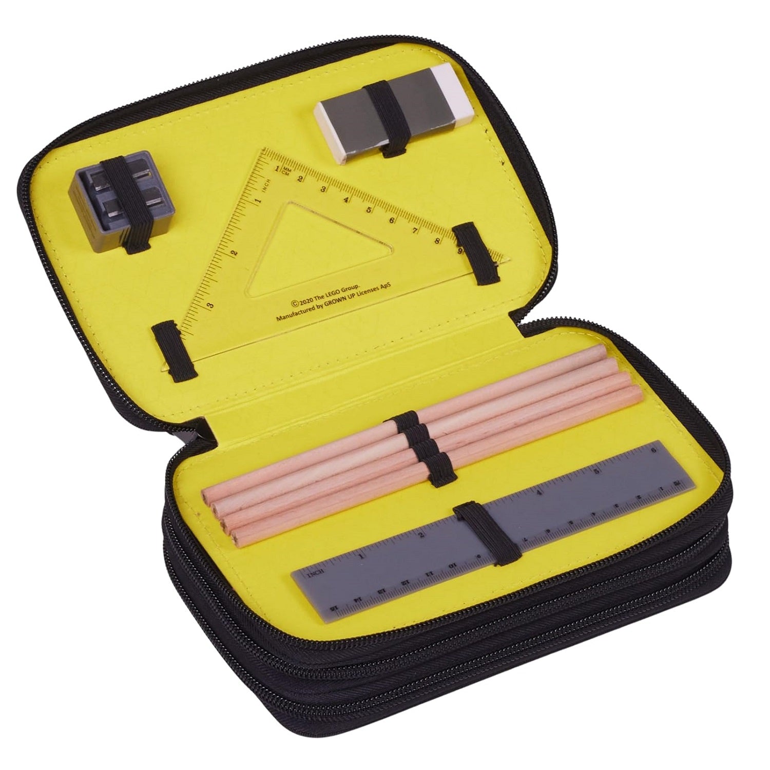 gefüllte Federmappe mit Lineal Geodreieck Bleistifte Fach 3