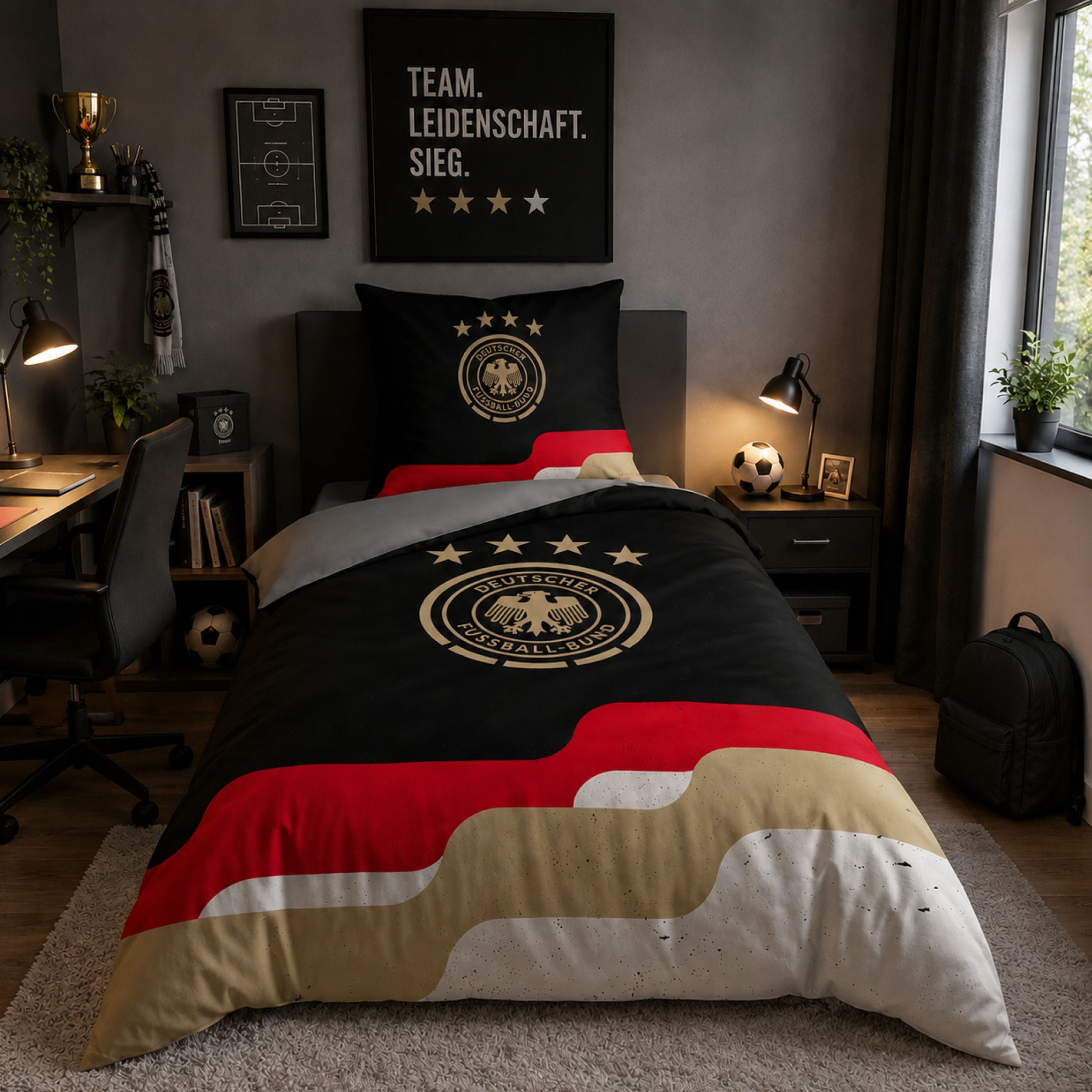 DFB Bettwäsche mit Deutschlandfarben und DFB LOGO auf Bett gezogen