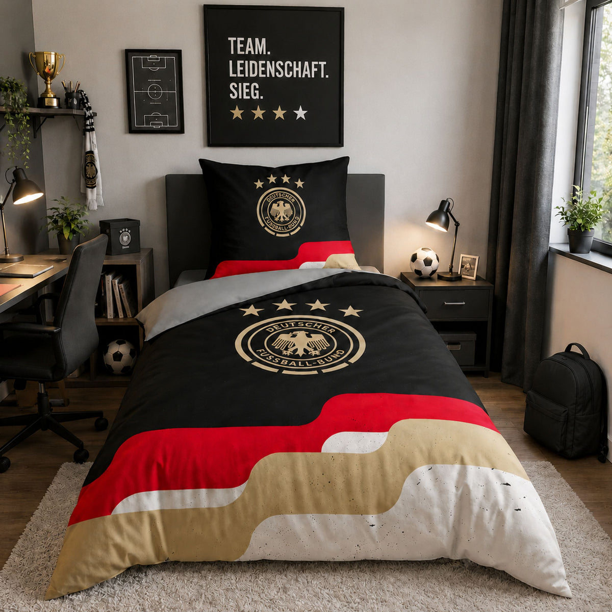 DFB Bettwäsche mit Deutschlandfarben und DFB LOGO auf Bett gezogen