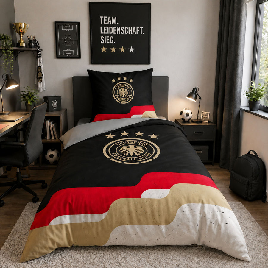 DFB Bettwäsche mit Deutschlandfarben und DFB LOGO auf Bett gezogen