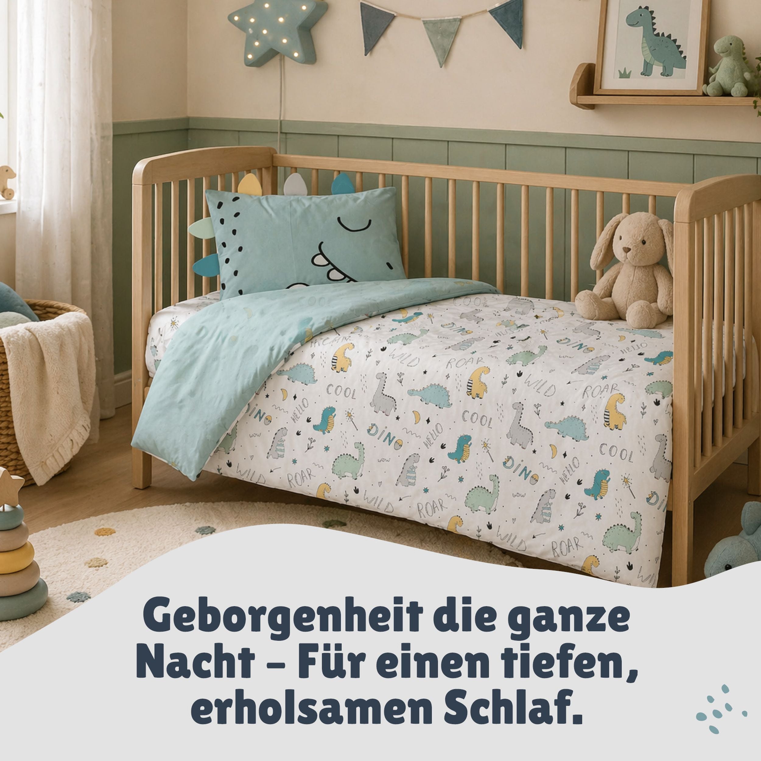 Baby Bettwäsche Set Dinosaurier 2-teilig - 100x135 40x60 cm aus 100% Baumwolle Dino mit Ohren & Stacheln
