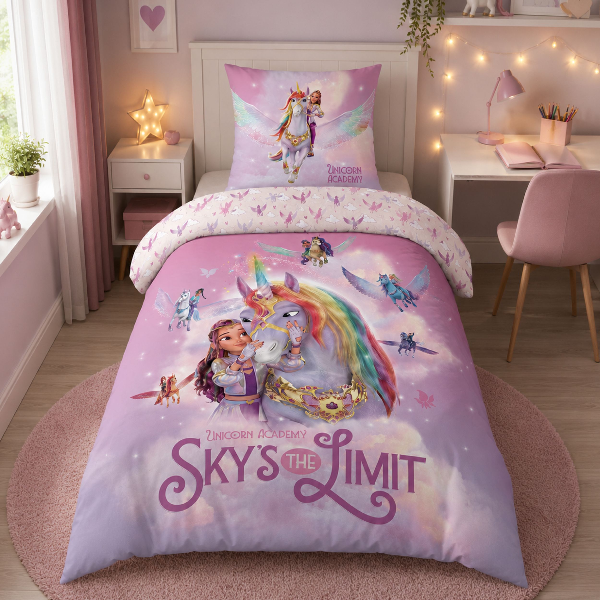 Unicorn Academy Bettwäsche für Mädchen 135x200 80x80 cm Rosa Violett mit Sophia & Wildstar Motiv aus 100% Baumwolle