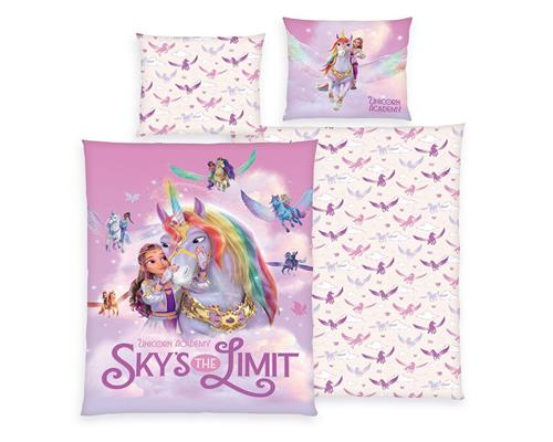 Unicorn Academy Bettwäsche für Mädchen 135x200 80x80 cm Rosa Violett mit Sophia & Wildstar Motiv aus 100% Baumwolle