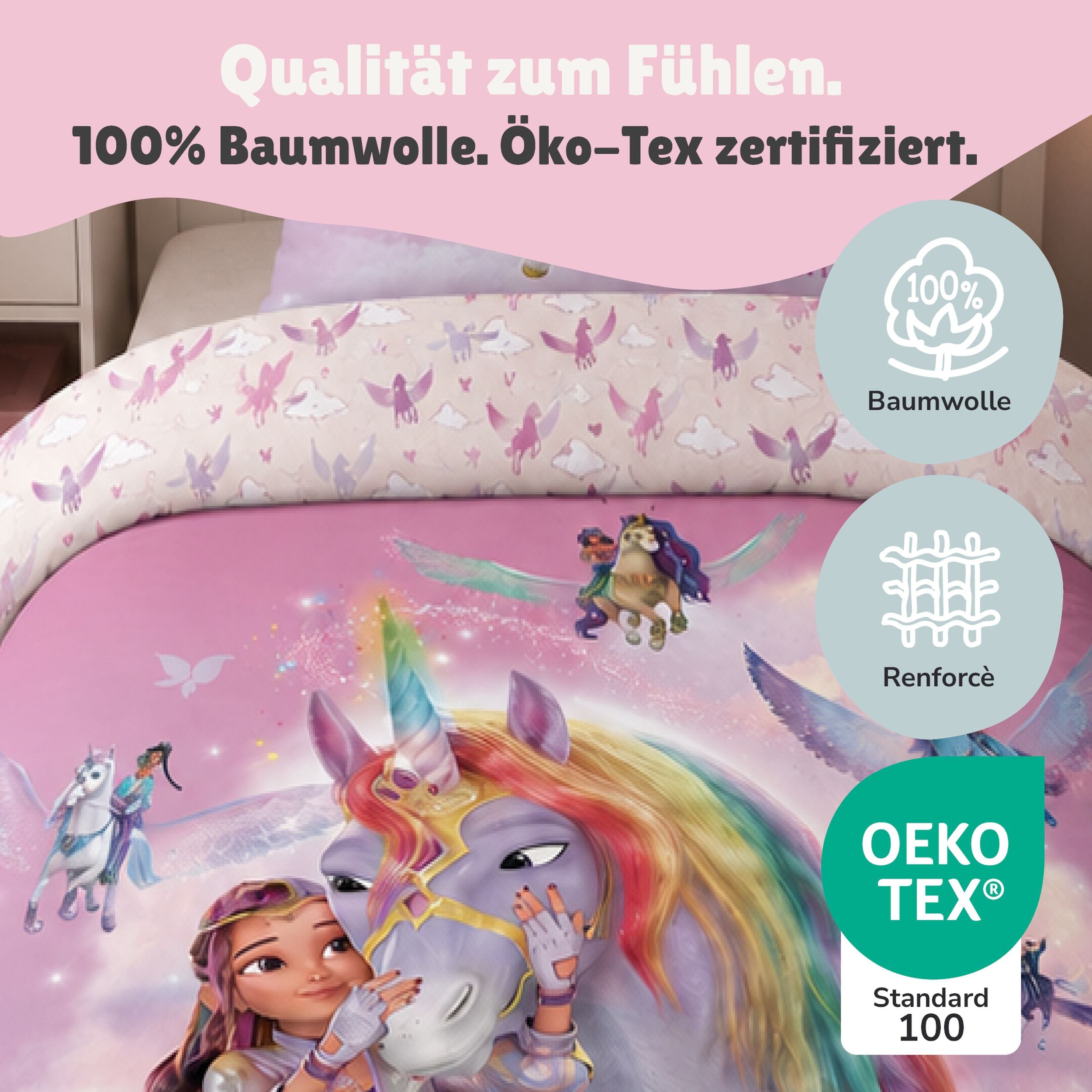 Unicorn Academy Bettwäsche für Mädchen 135x200 80x80 cm Rosa Violett mit Sophia & Wildstar Motiv aus 100% Baumwolle