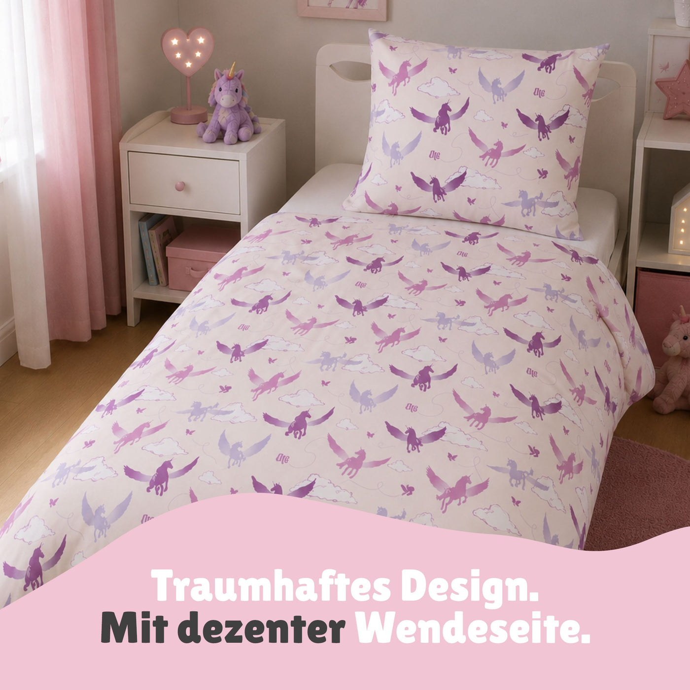 Unicorn Academy Bettwäsche für Mädchen 135x200 80x80 cm Rosa Violett mit Sophia & Wildstar Motiv aus 100% Baumwolle