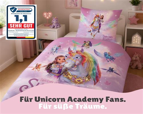 Unicorn Academy Bettwäsche für Mädchen 135x200 80x80 cm Rosa Violett mit Sophia & Wildstar Motiv aus 100% Baumwolle