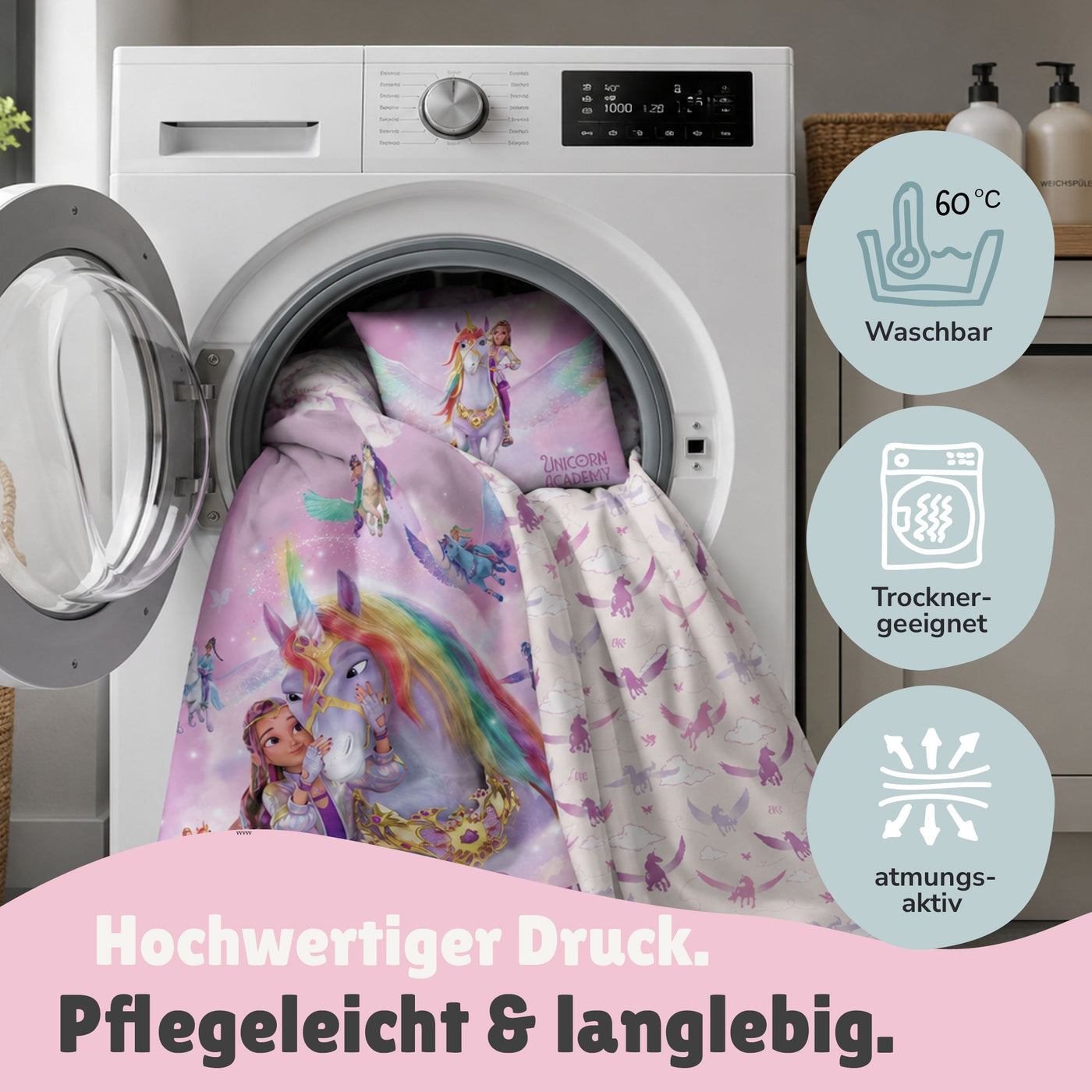 Unicorn Academy Bettwäsche für Mädchen 135x200 80x80 cm Rosa Violett mit Sophia & Wildstar Motiv aus 100% Baumwolle