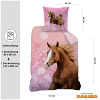 Pferde Bettwäsche Set 2-teilig 135x200 80x80 cm - Renforcé Bettwäsche für Mädchen aus 100% Baumwolle mit Reißverschluss - Rosa, Öko-Tex zertifiziert