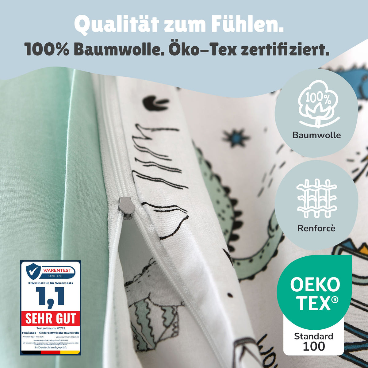 Infotafel zum Material 100% Baumwolle und Ökotex Standard 100