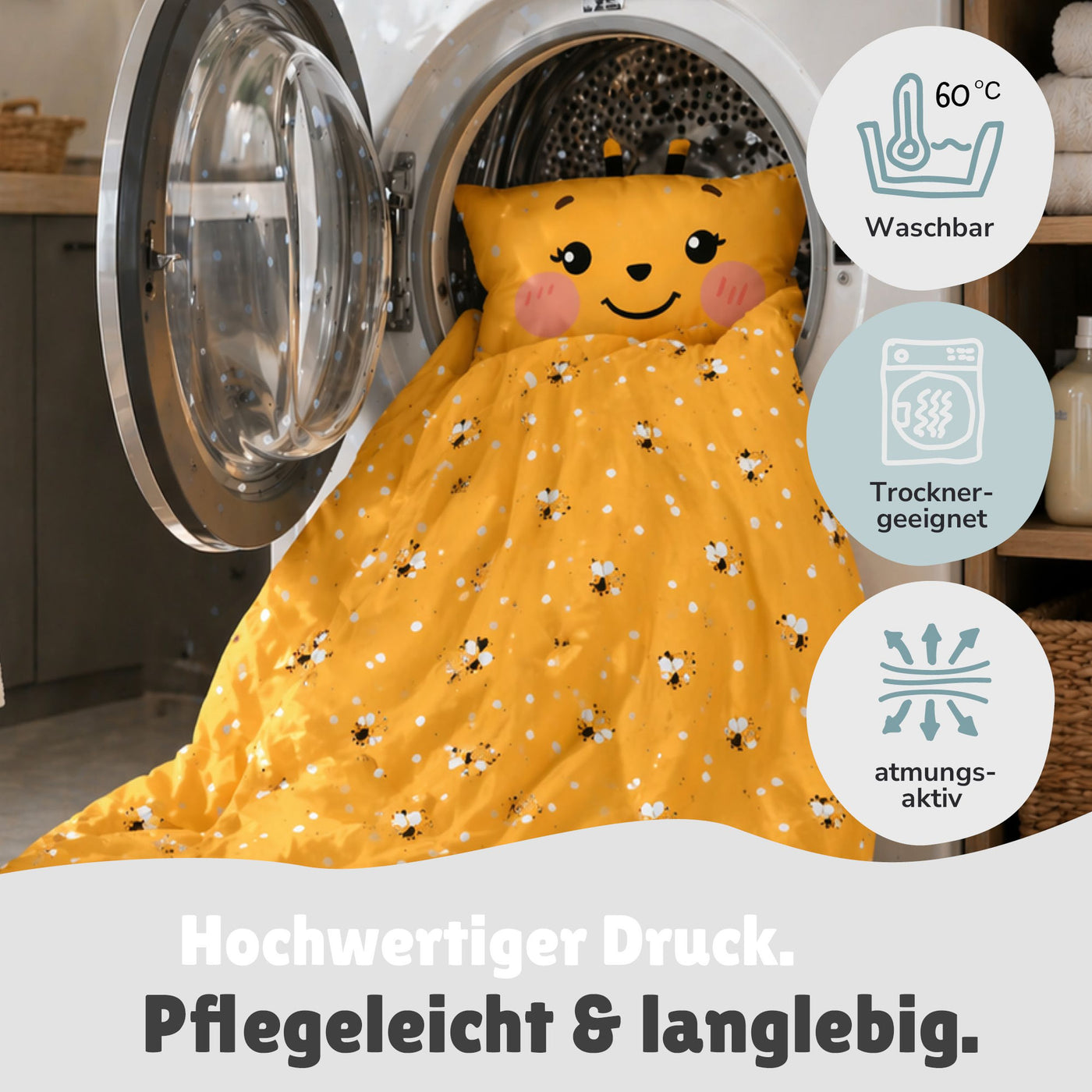 Infotafel Pflege Maschinenwäsche 60 Grad Trocknergeeignet