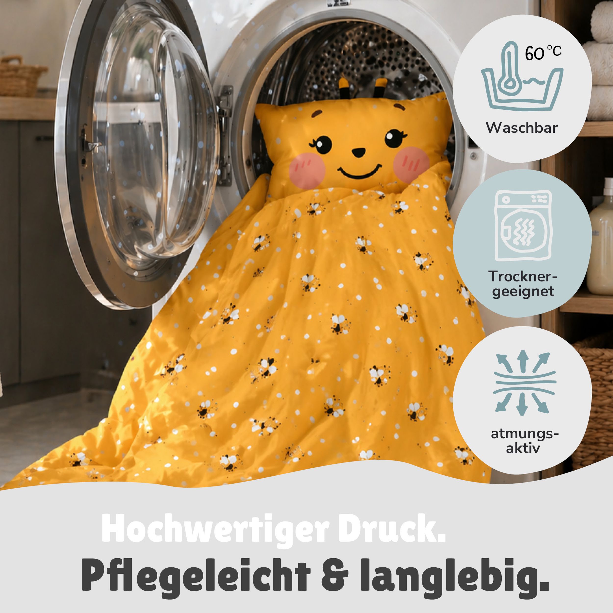 Infotafel Pflege Maschinenwäsche 60 Grad Trocknergeeignet