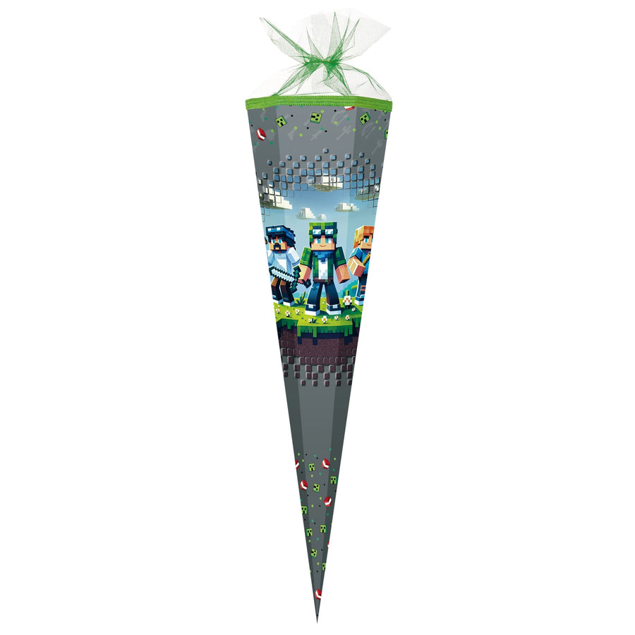 Große Schultüte Pixelwelt GRAU passend zu Minecraft - Zuckertüte 85 cm Groß, 6-eckig mit 25 cm Durchmesser Tüllverschluss und Textilborte