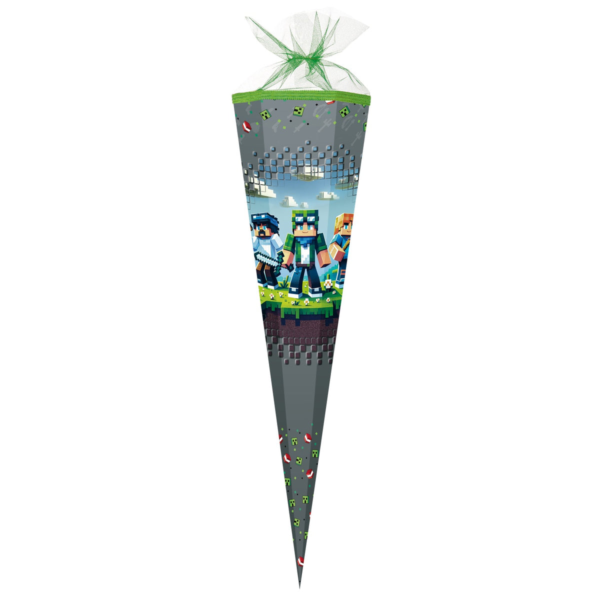 Große Schultüte Pixelwelt GRAU passend zu Minecraft - Zuckertüte 85 cm Groß, 6-eckig mit 25 cm Durchmesser Tüllverschluss und Textilborte