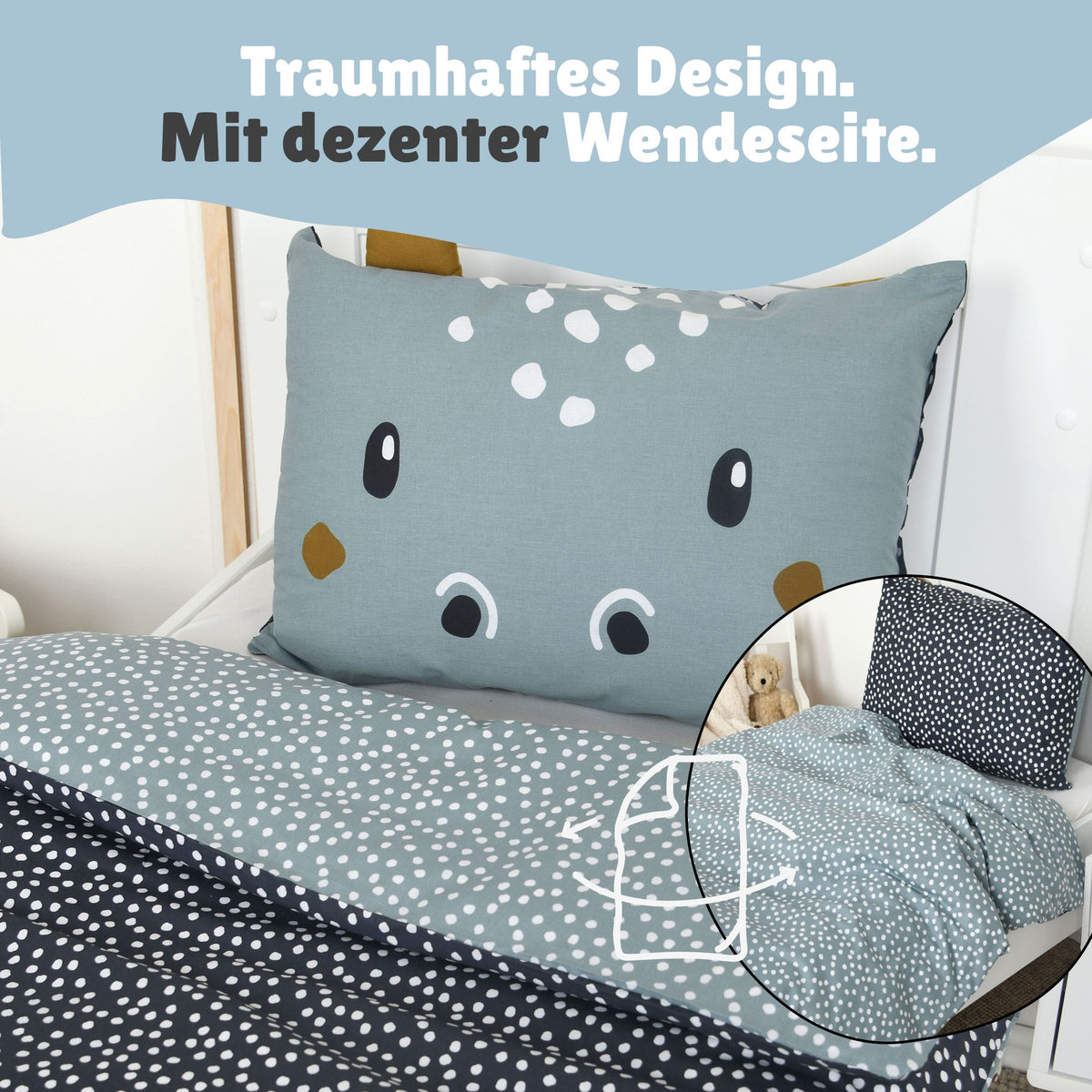 Baby Bettwäsche Set Nilpferd Hippo 2-teilig - 100x135 40x60 cm aus 100% Baumwolle mit Ohren