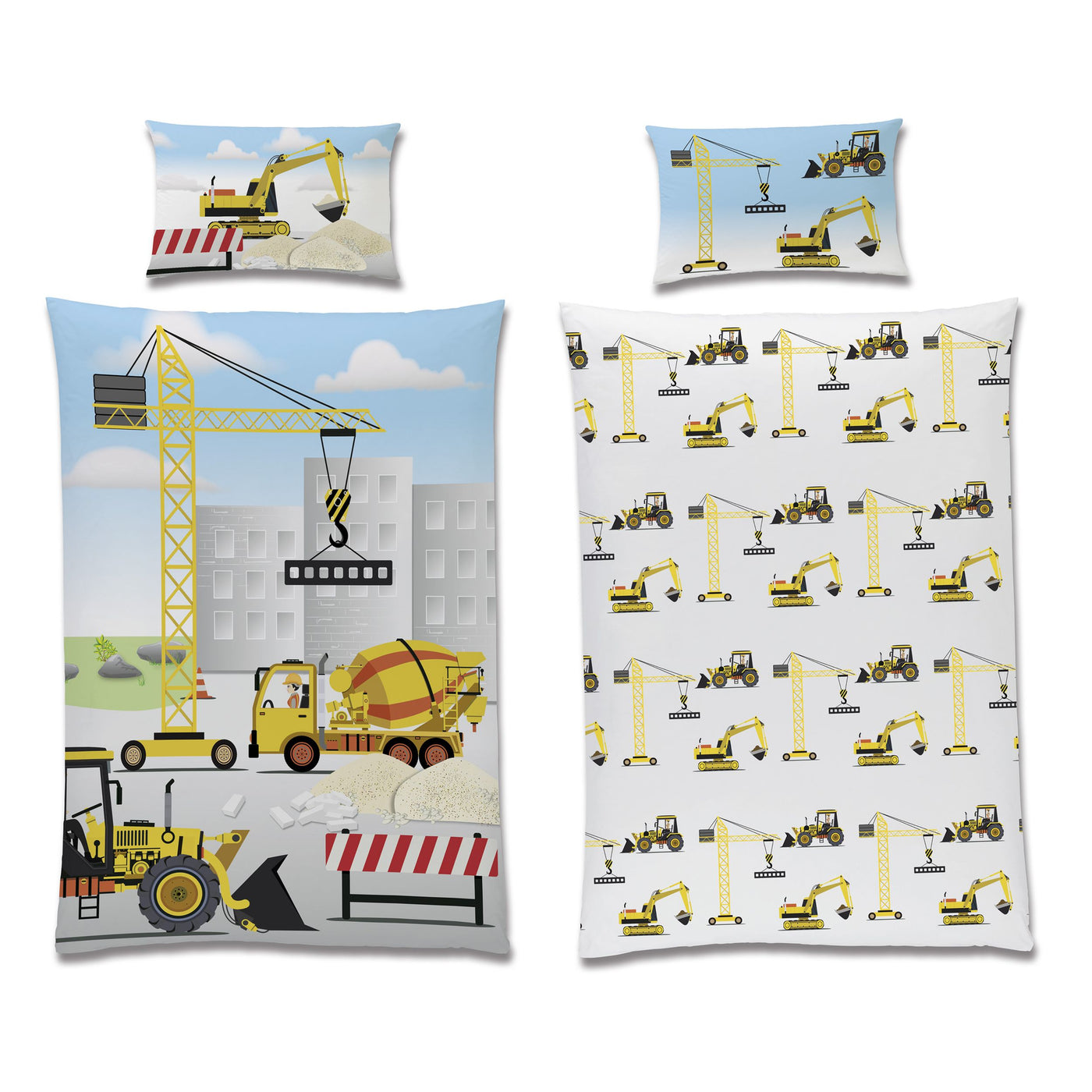Baby Bettwäsche Set Baustelle 2-teilig - 100x135 40x60 cm aus 100% Baumwolle mit Kran Bagger & Betonmischer