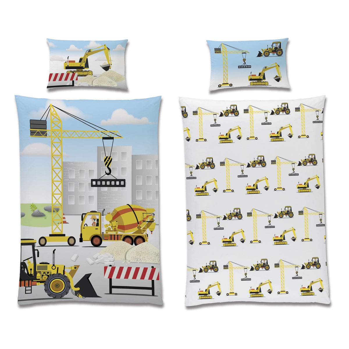 Baby Bettwäsche Set Baustelle 2-teilig - 100x135 40x60 cm aus 100% Baumwolle mit Kran Bagger & Betonmischer